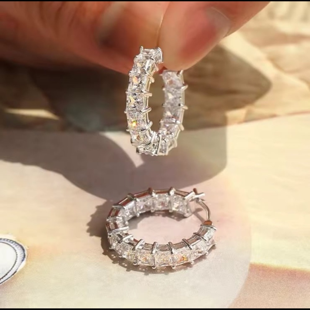 Rectangle Diamonds Full Around Bling inside out rhodium finish earrings #266